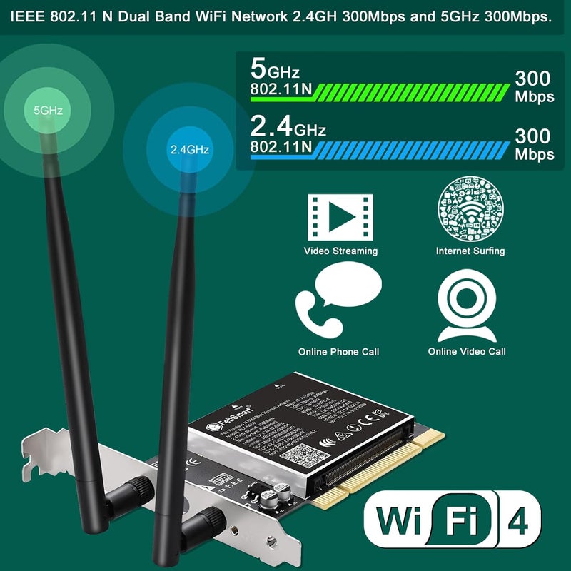 FebSmart Wireless N Dual Band 600Mbps (2.4GHz 300Mbps or 5GHz 300Mbps) PCI WiFi Adapter for Windows 11, 10, 8.x, 7, XP (32/64bit) and Windows Server Desktop PCs, PCI Interface WiFi Card (PCI-N600) - Image 3